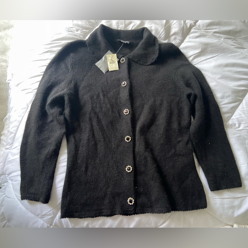 NWT Ann Taylor Black Angora Rabbit Hair Lamb’s Wool Bejeweled Cardigan S